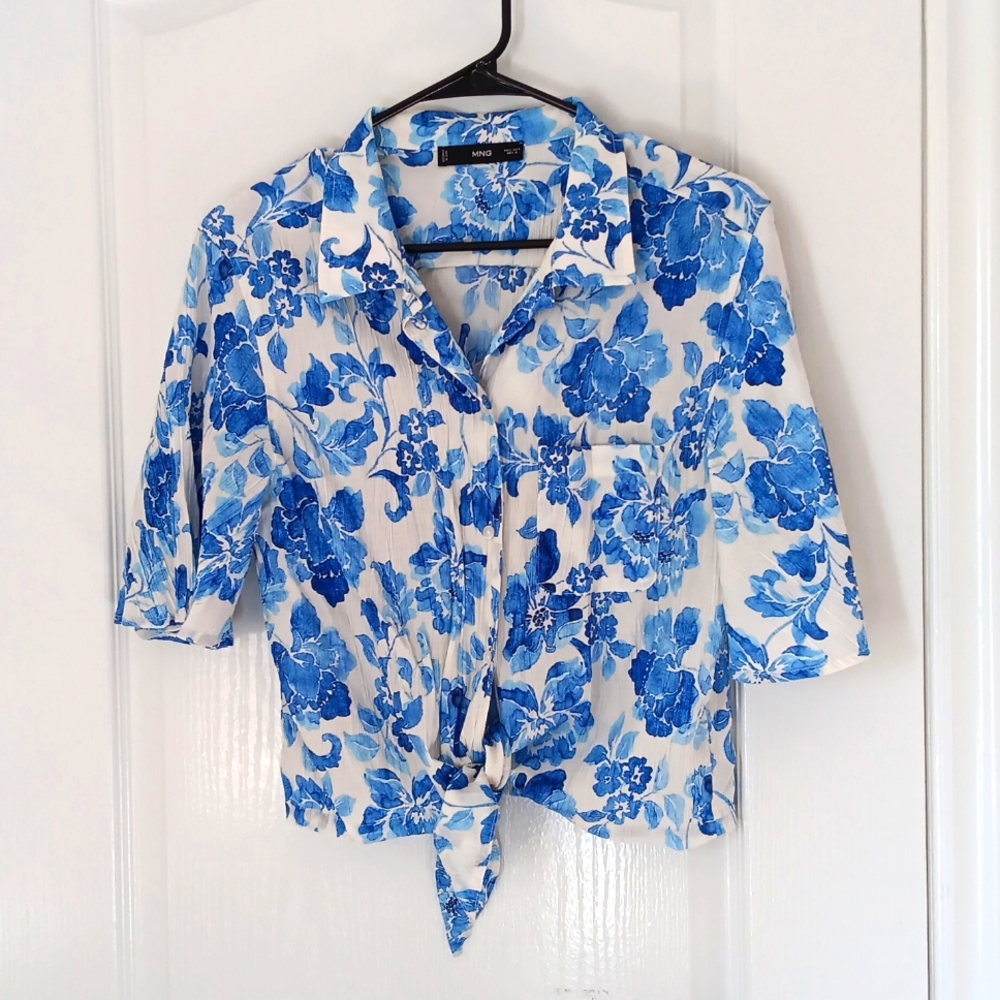 Mango bell sleeve floral waist tie shirt